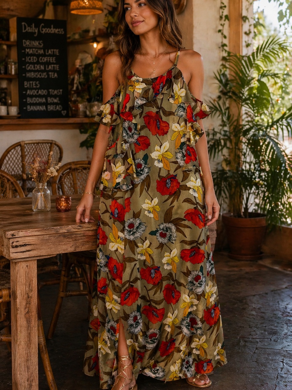 easel Olive Floral Cold-Shoulder Maxi Dress with Red & Yellow Blooms